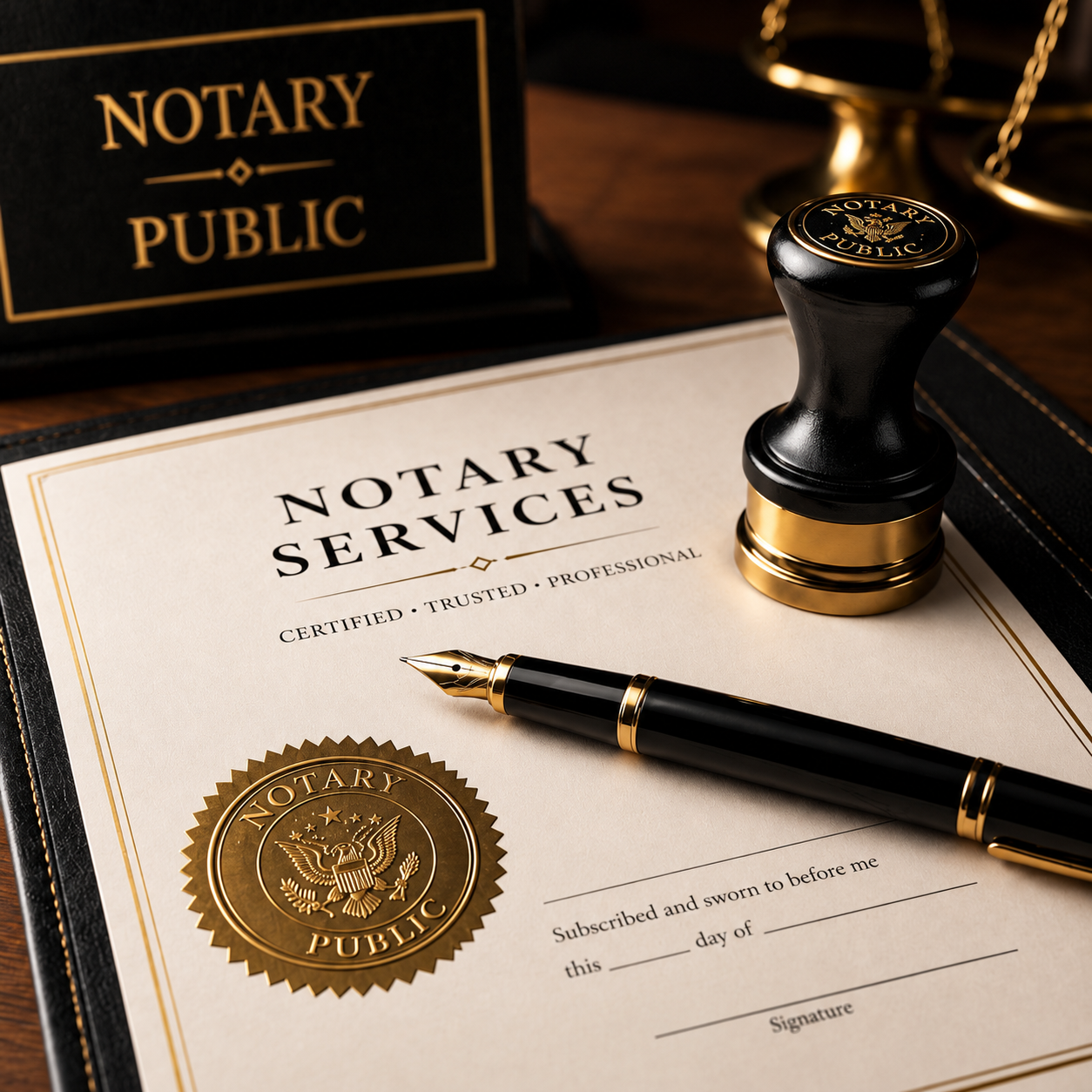 Black and gold notary stamp, fountain pen, and document on an elegant desk